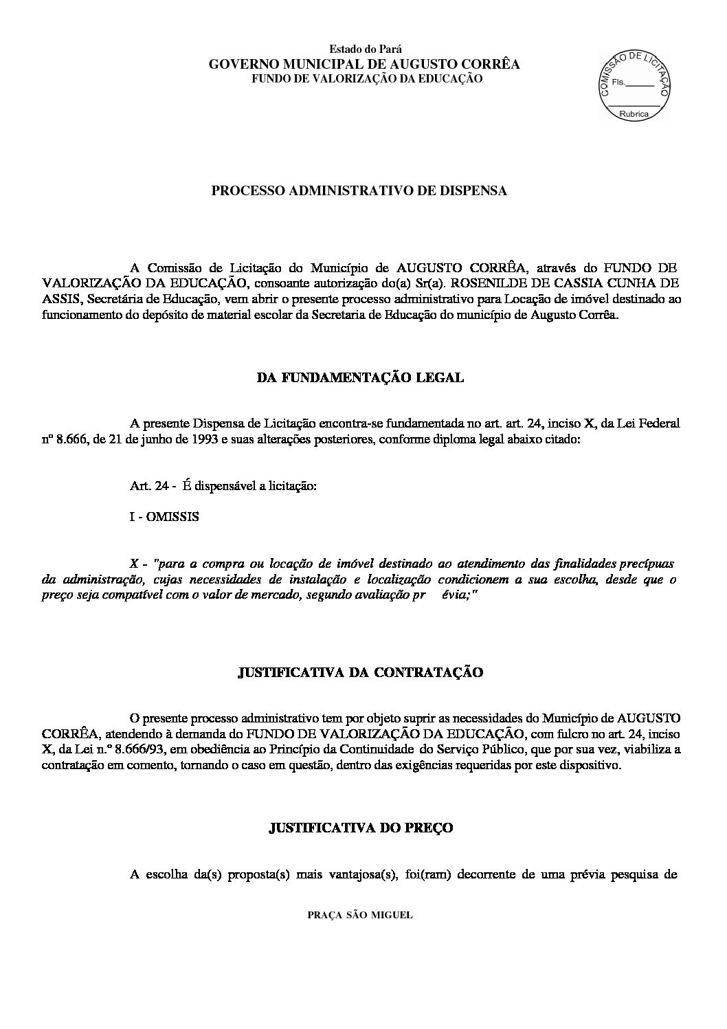 Declaração De Dispensa Prefeitura Municipal De Augusto Corrêa