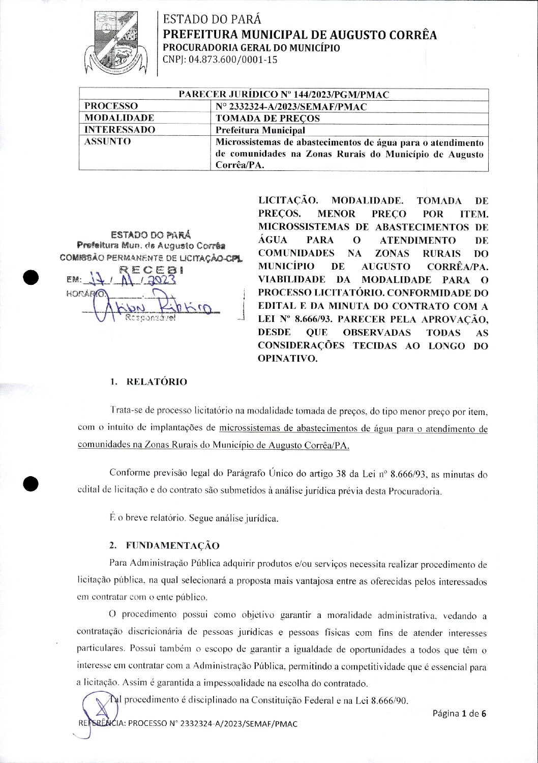 Parecer jurídico nº 144-2023. - Prefeitura Municipal de Augusto Corrêa ...